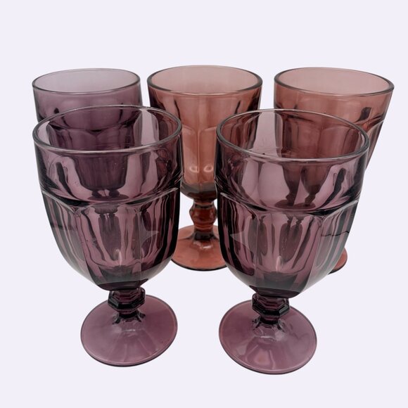 Vintage Amethyst Purple Wine Goblets | Set of 5 | Mid Century Pressed Glass - Picture 6 of 13